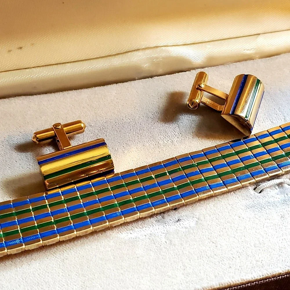 Destino Cufflinks Watch Band Blue Green Enamel Stripes 1/20 10K Gold Filled MCM
